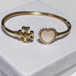 ✨ Stunning Tory Burch Gold Logo & Mother of Pearl Heart Cuff Bracelet ✨